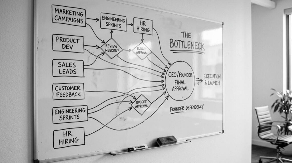 Whiteboard illustrating a founder bottleneck where business decisions and approvals all flow through the CEO or founder