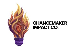 Logo for Changemaker Impact Co. featuring a stylized purple light bulb engulfed in orange and gold flames. At the center of the flame is an illustrated anatomical heart, symbolizing passion, purpose, and transformation. To the right of the icon, the company name "CHANGEMAKER IMPACT CO." appears in bold black uppercase letters against a light gray background.